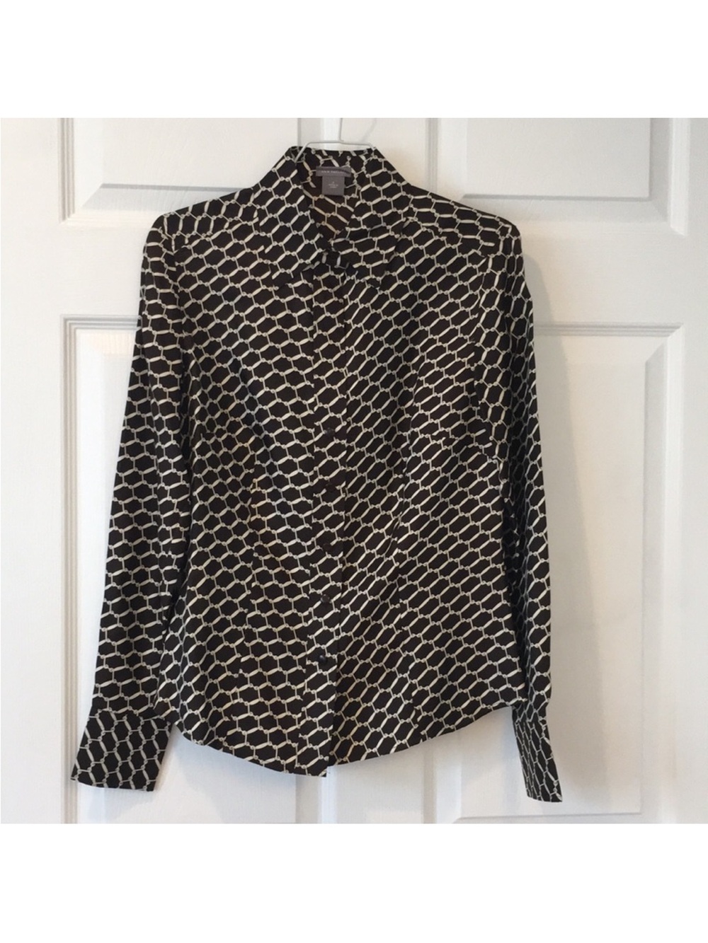 Ann Taylor Black Blouse with Cream Chain Print
